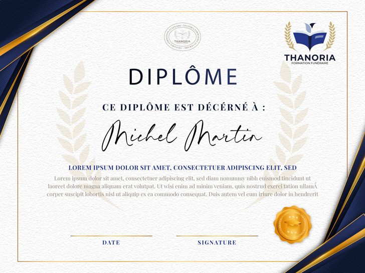 Diplôme délivré à l'issue d'une formation Thanoria Formation Funéraire