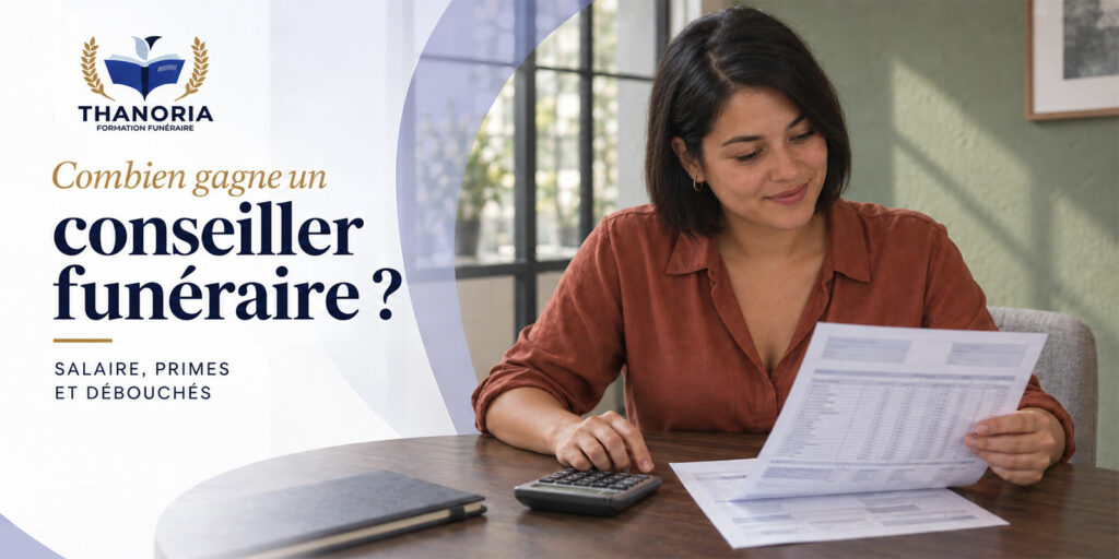 Conseillère funéraire consultant sa fiche de paie avec une calculatrice – Combien gagne un conseiller funéraire ?