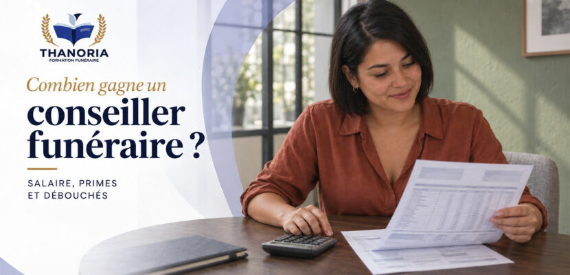 Conseillère funéraire consultant sa fiche de paie avec une calculatrice – Combien gagne un conseiller funéraire ?