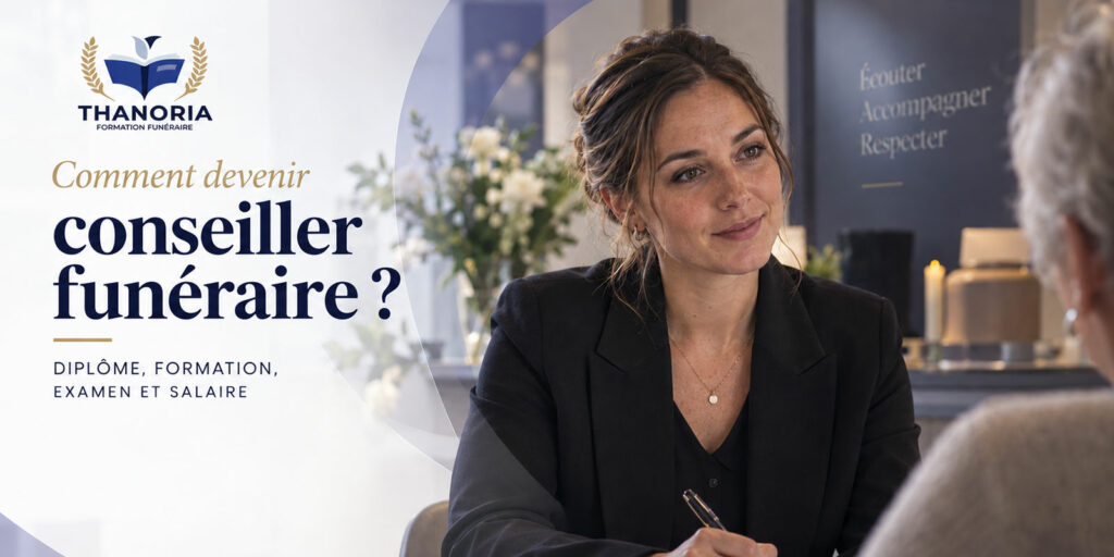 Conseillère funéraire en entretien avec une famille en agence – Comment devenir conseiller funéraire