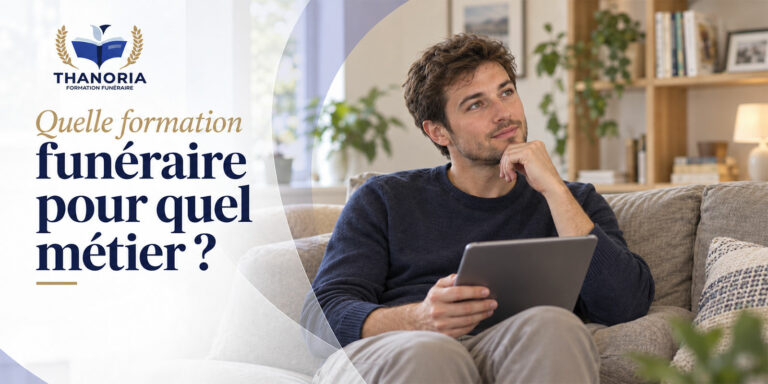 Homme réfléchissant à sa reconversion, tablette en main – Quelle formation funéraire pour quel métier ?